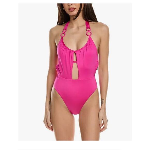 Trina Turk Monaco Scoop Neck Cut Out Halter One Piece Swimsuit Pink 6 - Picture 1 of 8